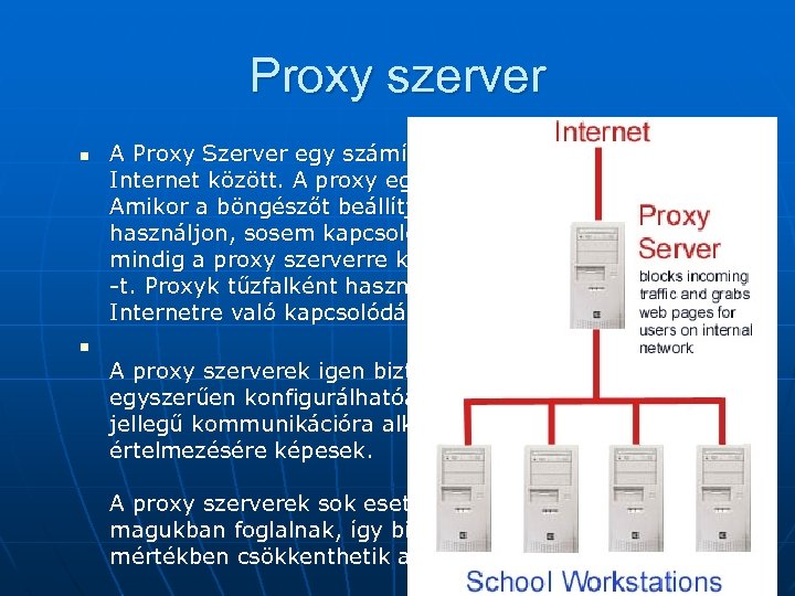 Proxy szerver n A Proxy Szerver egy számítógép a saját gépünk és az Internet