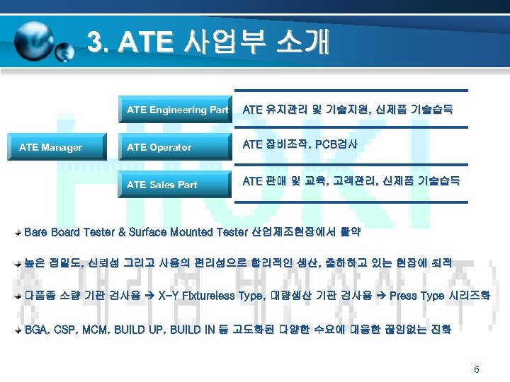 3. ATE 사업부 소개 ATE Engineering Part ATE Operator ATE 장비조작, PCB검사 ATE Sales