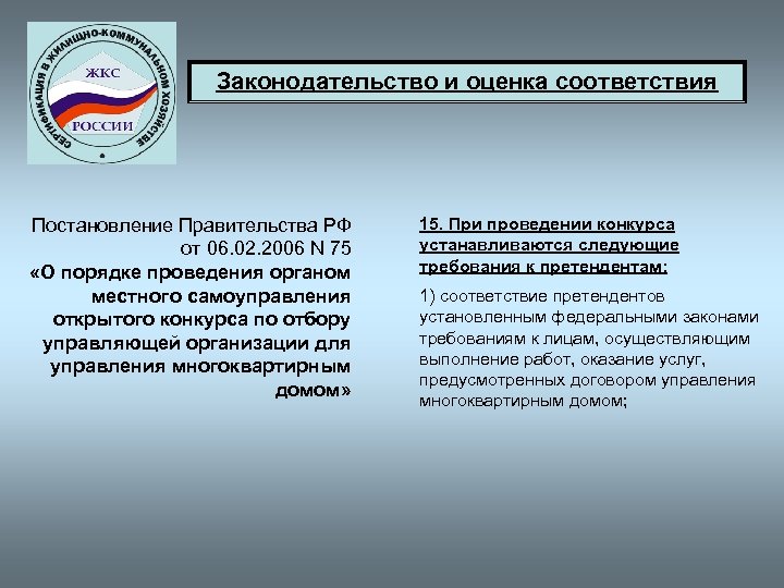 Законодательство и оценка соответствия Постановление Правительства РФ от 06. 02. 2006 N 75 «О