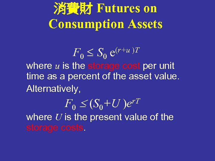 消費財 Futures on Consumption Assets F 0 S 0 e(r+u )T where u is