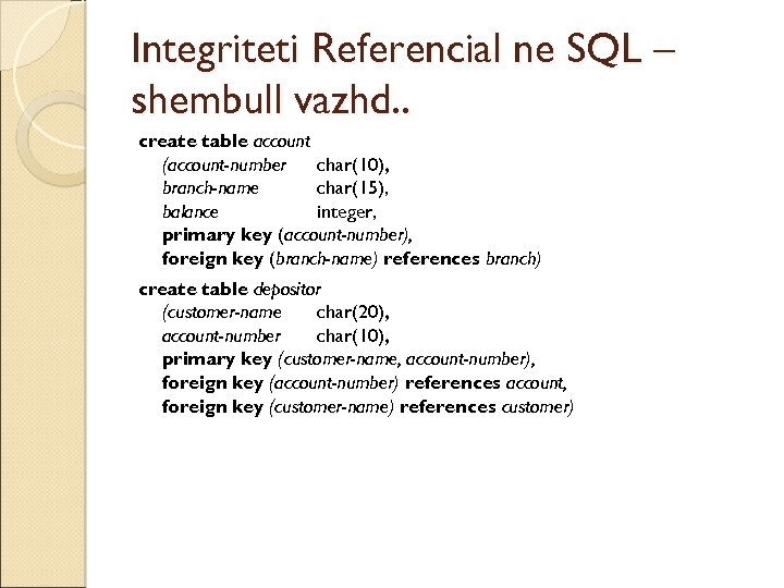 Integriteti Referencial ne SQL – shembull vazhd. . create table account (account-number char(10), branch-name