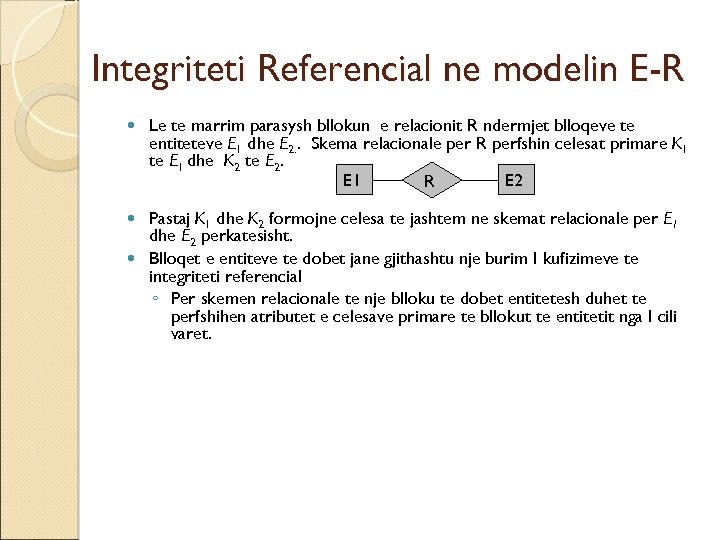 Integriteti Referencial ne modelin E-R Le te marrim parasysh bllokun e relacionit R ndermjet
