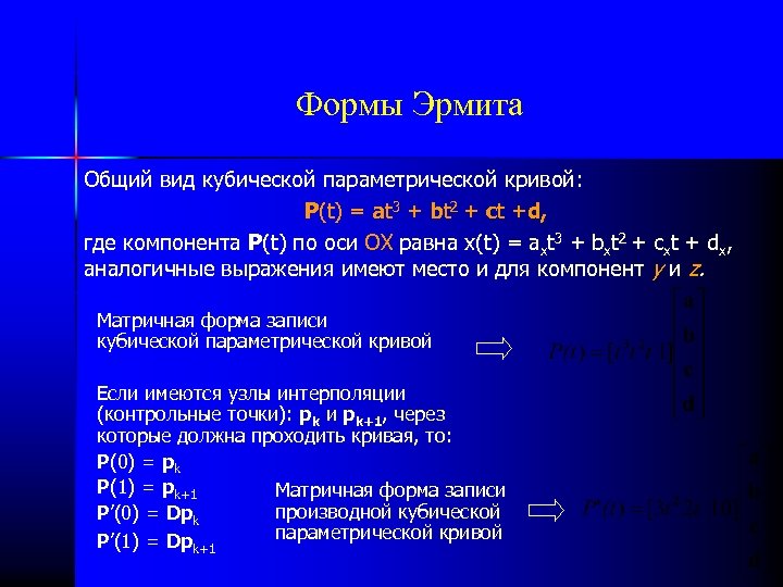 Формы Эрмита Общий вид кубической параметрической кривой: P(t) = at 3 + bt 2