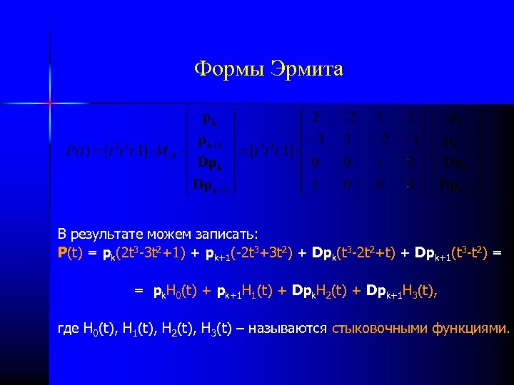 Формы Эрмита В результате можем записать: P(t) = pk(2 t 3 -3 t 2+1)