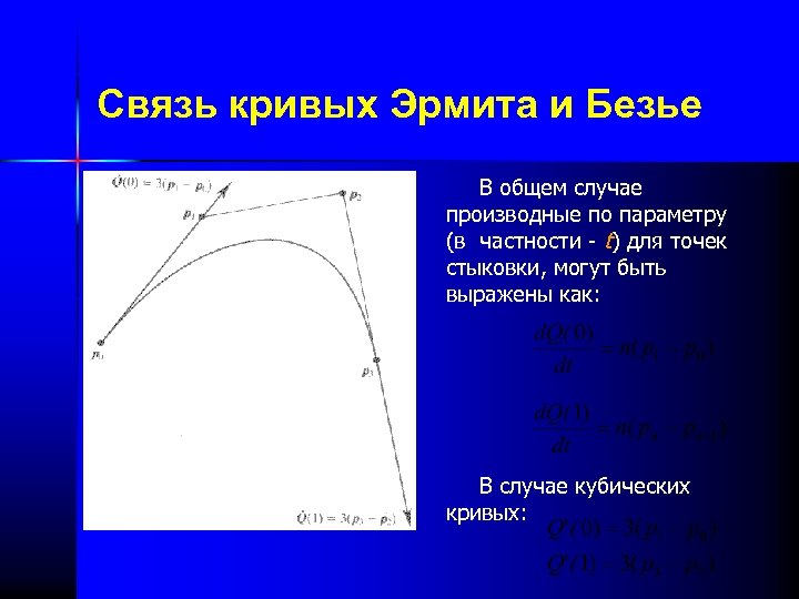 Связь кривых Эрмита и Безье В общем случае производные по параметру (в частности -