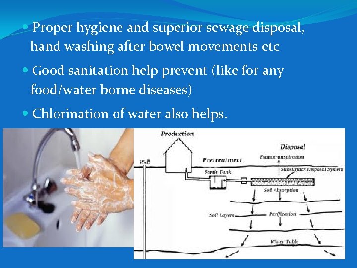  Proper hygiene and superior sewage disposal, hand washing after bowel movements etc Good
