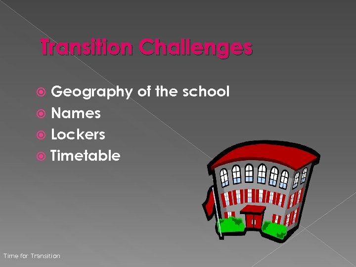 Transition Challenges Geography of the school Names Lockers Timetable Time for Transition 