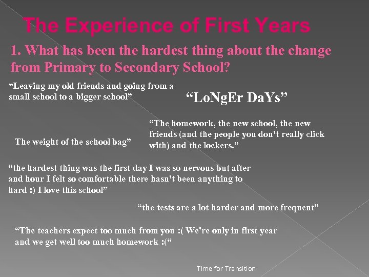The Experience of First Years 1. What has been the hardest thing about the