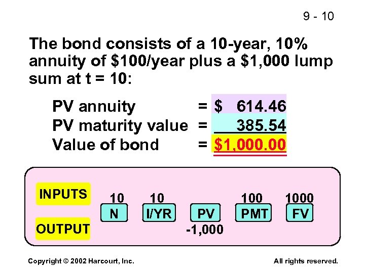 9 - 10 The bond consists of a 10 -year, 10% annuity of $100/year