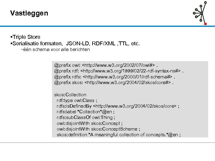 Vastleggen Triple Store Serialisatie formaten, JSON-LD, RDF/XML , TTL, etc. −één schema voor alle