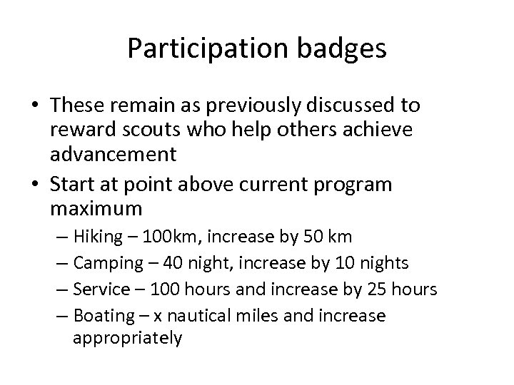 Participation badges • These remain as previously discussed to reward scouts who help others