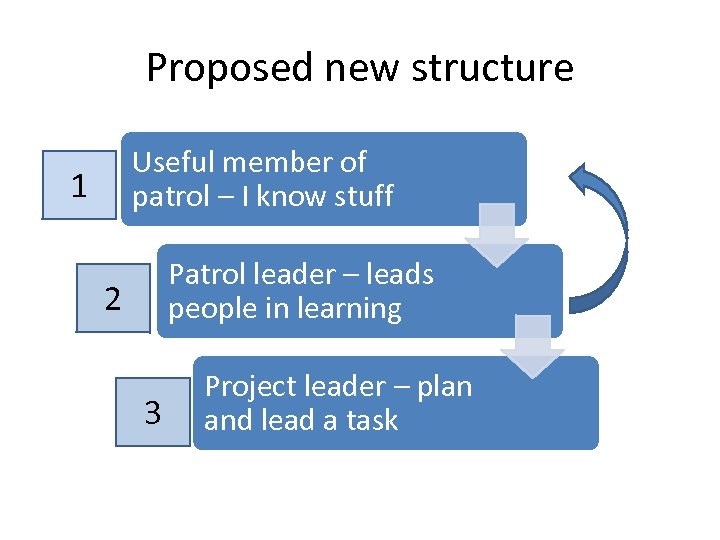 Proposed new structure Useful member of patrol – I know stuff 1 Patrol leader