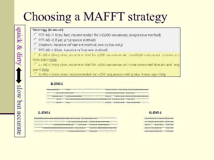 Choosing a MAFFT strategy quick & dirty slow but accurate E-INS-i ooooo. XXX------XXXX-----------------XXXXXXXXXXXXXXXooooooo -----XXXXXXXooo---------------XXXXXXXXX-XXXX---------oooo.