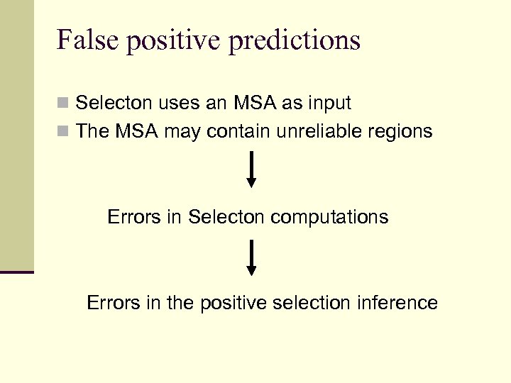 False positive predictions n Selecton uses an MSA as input n The MSA may