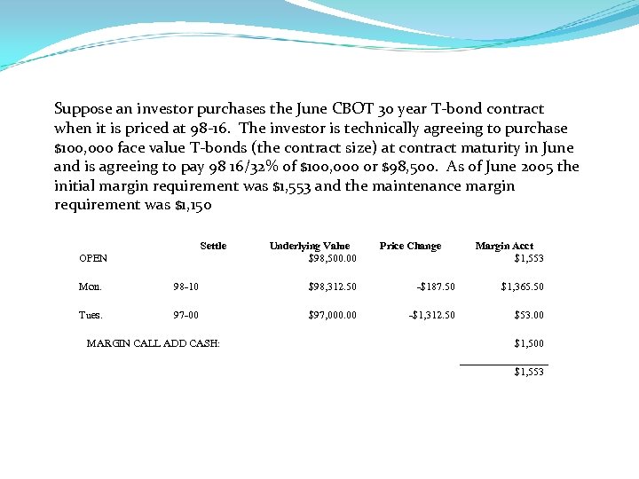 Suppose an investor purchases the June CBOT 30 year T-bond contract when it is