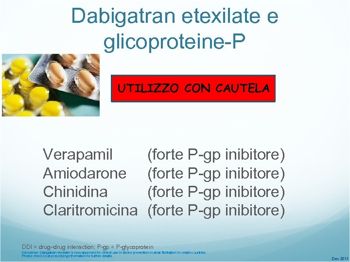 Dabigatran etexilate e glicoproteine-P UTILIZZO CON CAUTELA Verapamil Amiodarone Chinidina Claritromicina (forte P-gp inibitore)