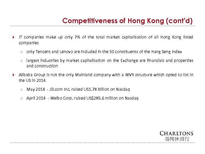 Competitiveness of Hong Kong (cont’d) IT companies make up only 7% of the total
