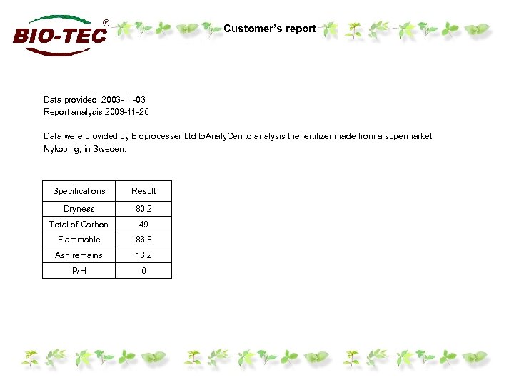 Customer’s report Data provided 2003 -11 -03 Report analysis 2003 -11 -26 Data were