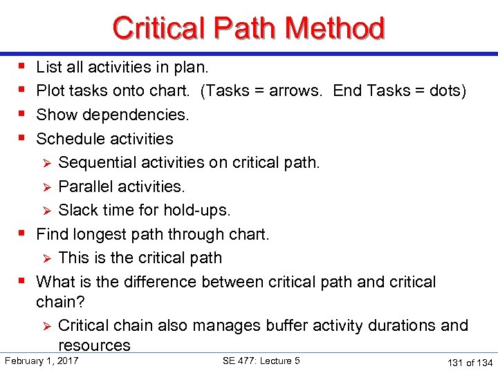 Critical Path Method § § List all activities in plan. Plot tasks onto chart.