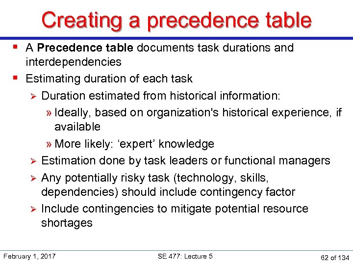 Creating a precedence table § A Precedence table documents task durations and interdependencies §