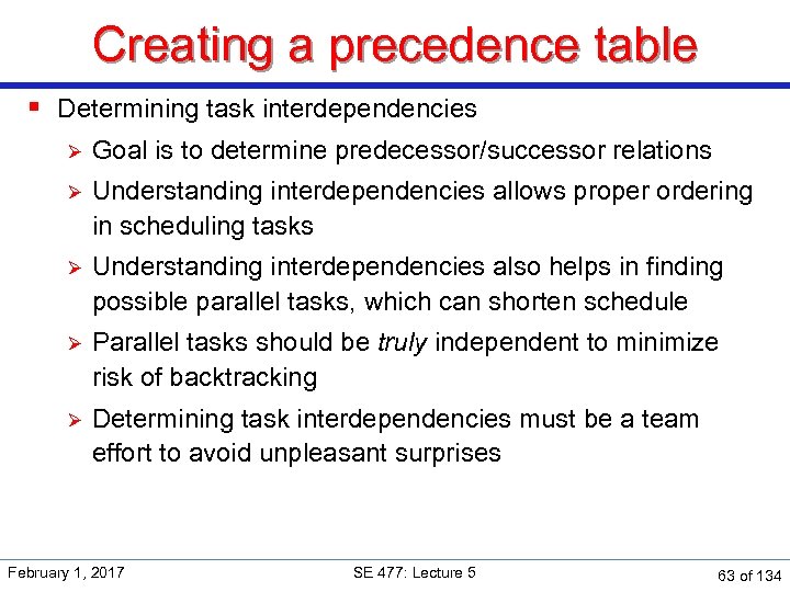 Creating a precedence table § Determining task interdependencies Ø Goal is to determine predecessor/successor