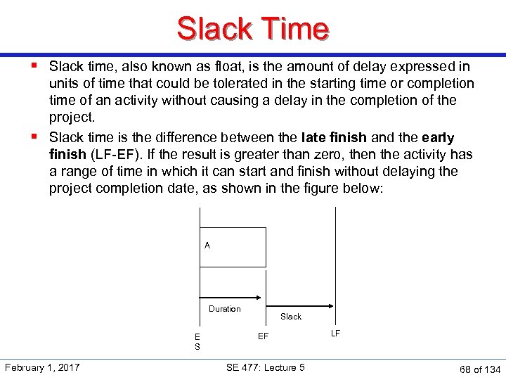 Slack Time § Slack time, also known as float, is the amount of delay