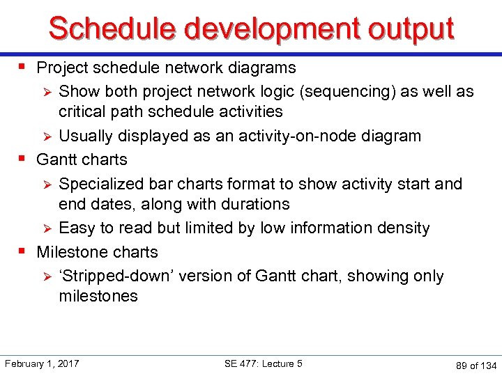 Schedule development output § Project schedule network diagrams Show both project network logic (sequencing)