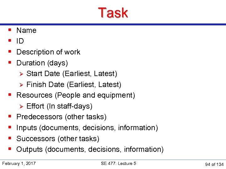 Task § § § § § Name ID Description of work Duration (days) Ø