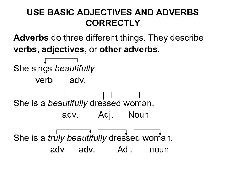 USE BASIC ADJECTIVES AND ADVERBS CORRECTLY Adverbs do three different things. They describe verbs,