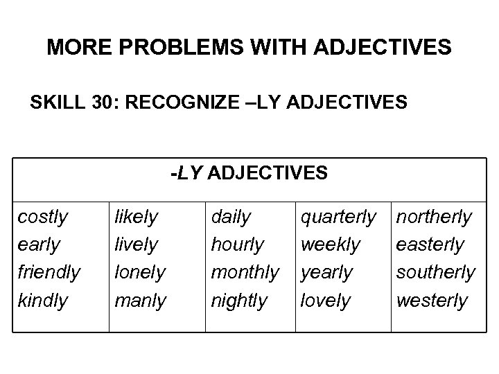 MORE PROBLEMS WITH ADJECTIVES SKILL 30: RECOGNIZE –LY ADJECTIVES -LY ADJECTIVES costly early friendly