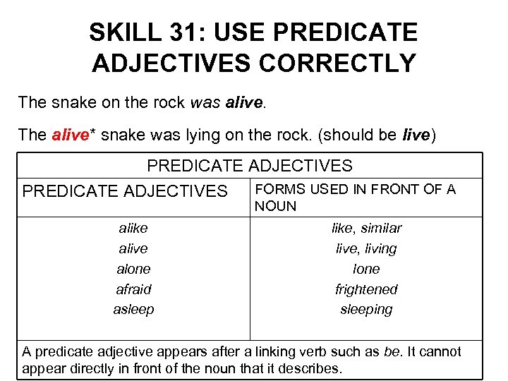SKILL 31: USE PREDICATE ADJECTIVES CORRECTLY The snake on the rock was alive. The