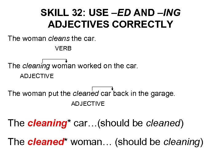 SKILL 32: USE –ED AND –ING ADJECTIVES CORRECTLY The woman cleans the car. VERB
