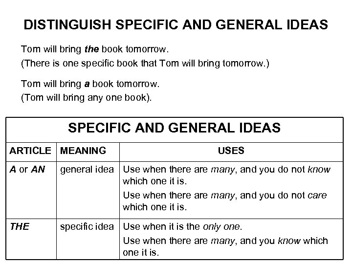 DISTINGUISH SPECIFIC AND GENERAL IDEAS Tom will bring the book tomorrow. (There is one