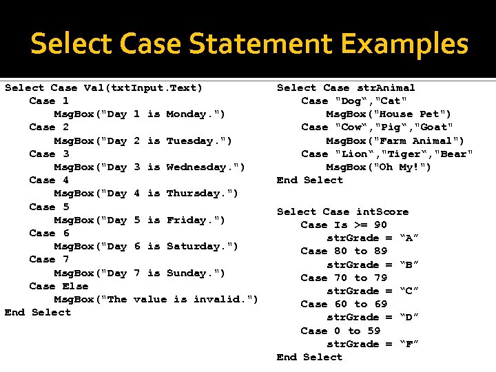 Select Case Statement Examples Select Case Val(txt. Input. Text) Case 1 Msg. Box(