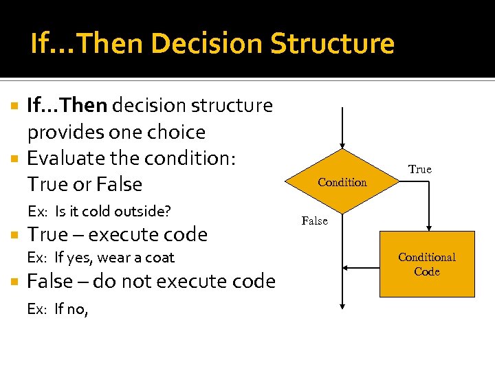 If…Then Decision Structure If…Then decision structure provides one choice Evaluate the condition: True or