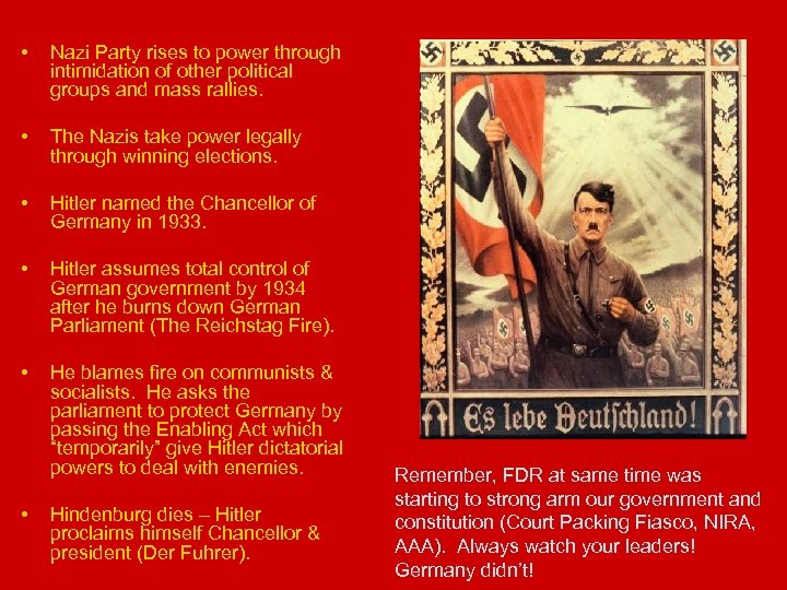  • Nazi Party rises to power through intimidation of other political groups and