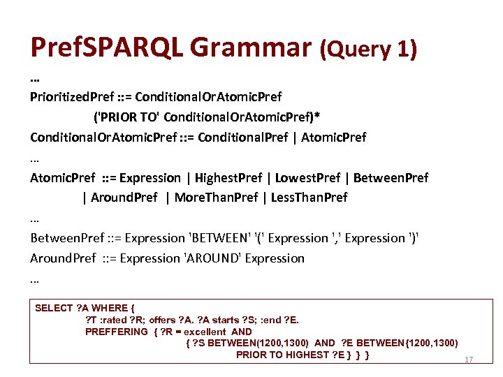 Pref. SPARQL Grammar (Query 1) … Prioritized. Pref : : = Conditional. Or. Atomic.