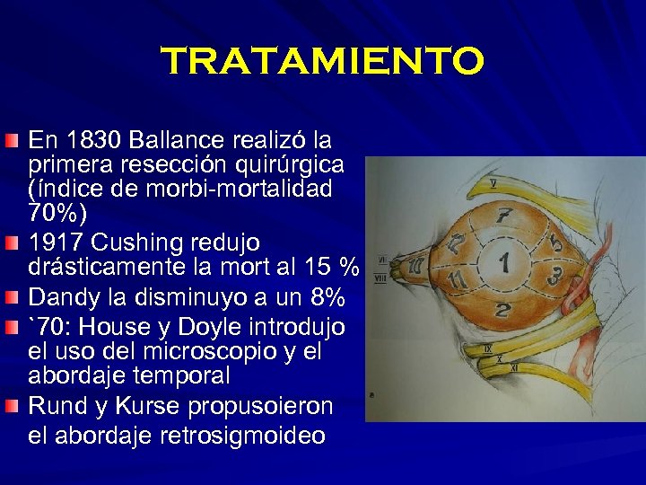 TRATAMIENTO En 1830 Ballance realizó la primera resección quirúrgica (índice de morbi-mortalidad 70%) 1917