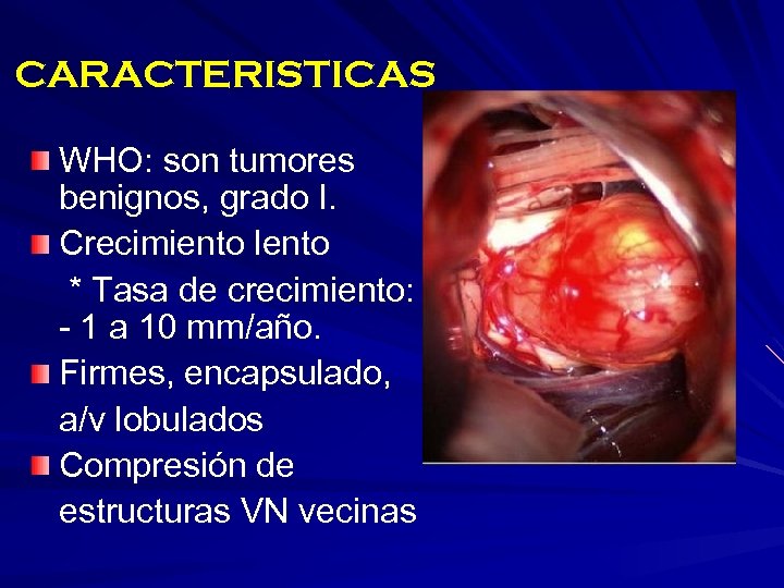CARACTERISTICAS WHO: son tumores benignos, grado I. Crecimiento lento * Tasa de crecimiento: -