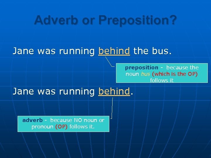 Adverb or Preposition? Jane was running behind the bus. preposition - because the noun