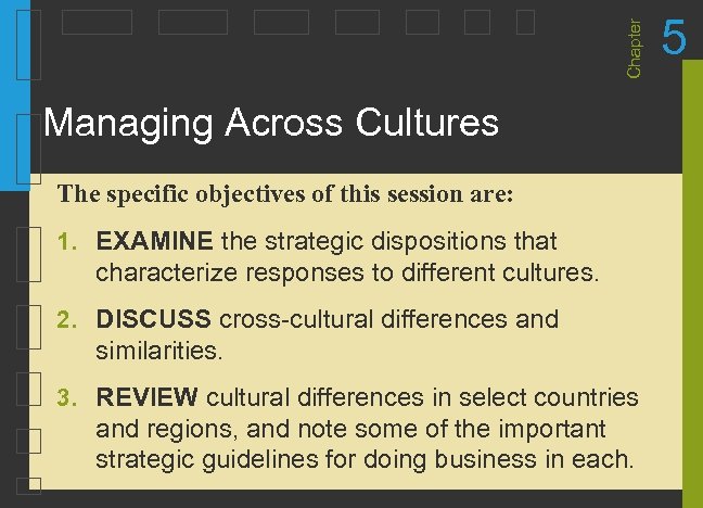 Chapter Managing Across Cultures The specific objectives of this session are: 1. EXAMINE the