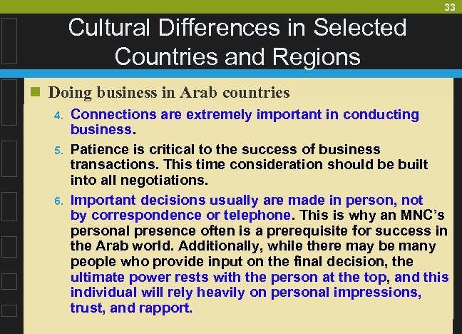 33 Cultural Differences in Selected Countries and Regions n Doing business in Arab countries