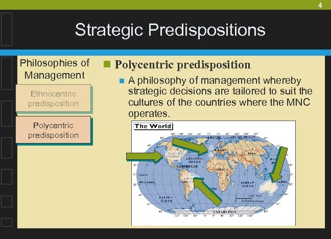4 Strategic Predispositions Philosophies of Management Ethnocentric predisposition Polycentric predisposition n A philosophy of