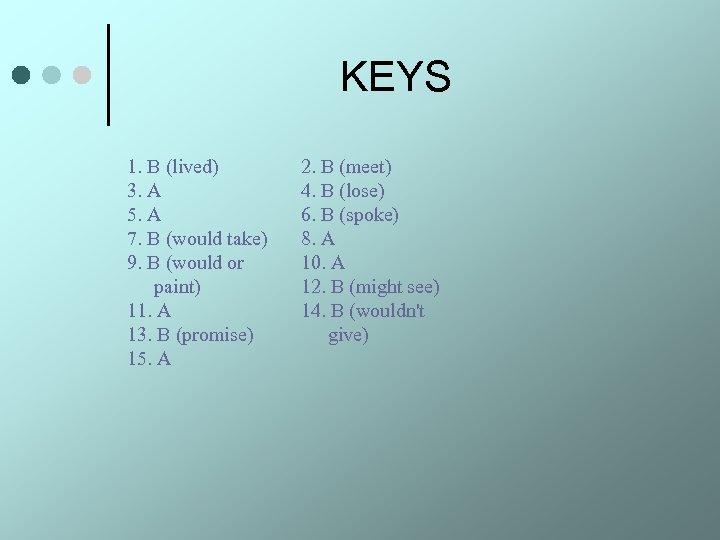 KEYS 1. В (lived) 3. А 5. А 7. В (would take) 9. В