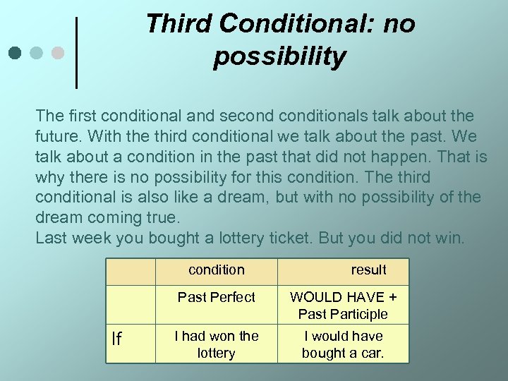 Third Conditional: no possibility The first conditional and seconditionals talk about the future. With