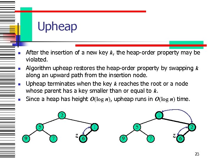 Upheap n n After the insertion of a new key k, the heap-order property
