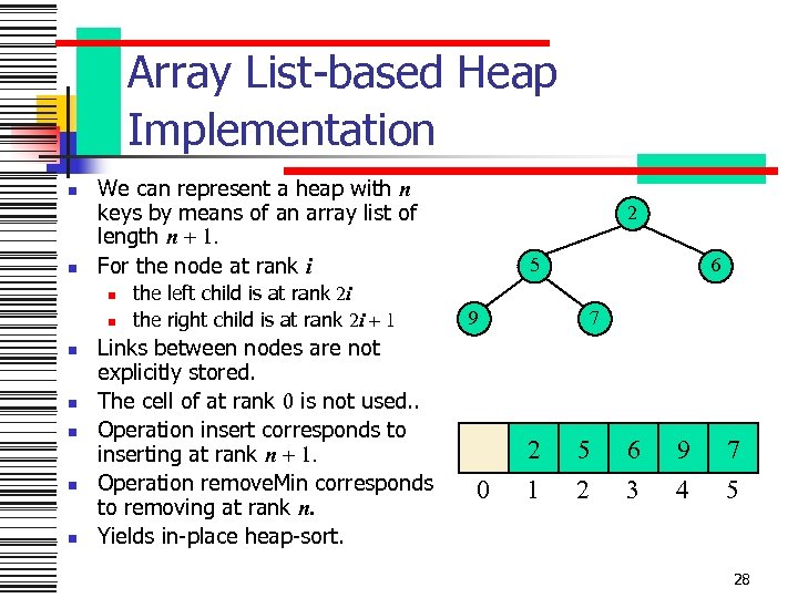 Array List-based Heap Implementation n n We can represent a heap with n keys