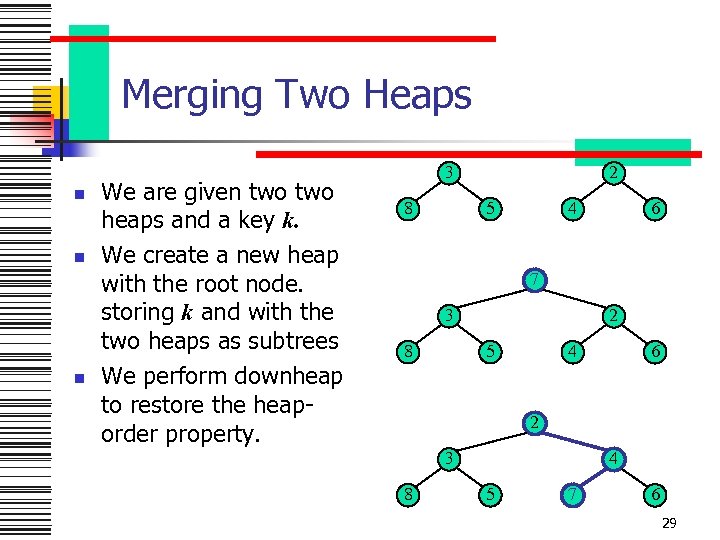 Merging Two Heaps n n n We are given two heaps and a key