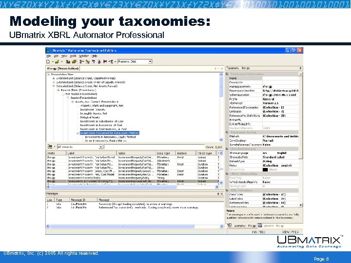 Modeling your taxonomies: UBmatrix XBRL Automator Professional UBmatrix, Inc. (c) 2005 All rights reserved.