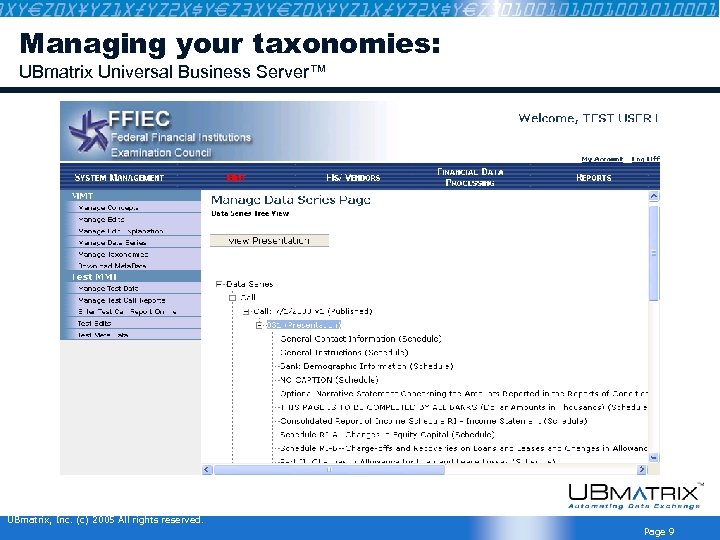 Managing your taxonomies: UBmatrix Universal Business Server™ UBmatrix, Inc. (c) 2005 All rights reserved.